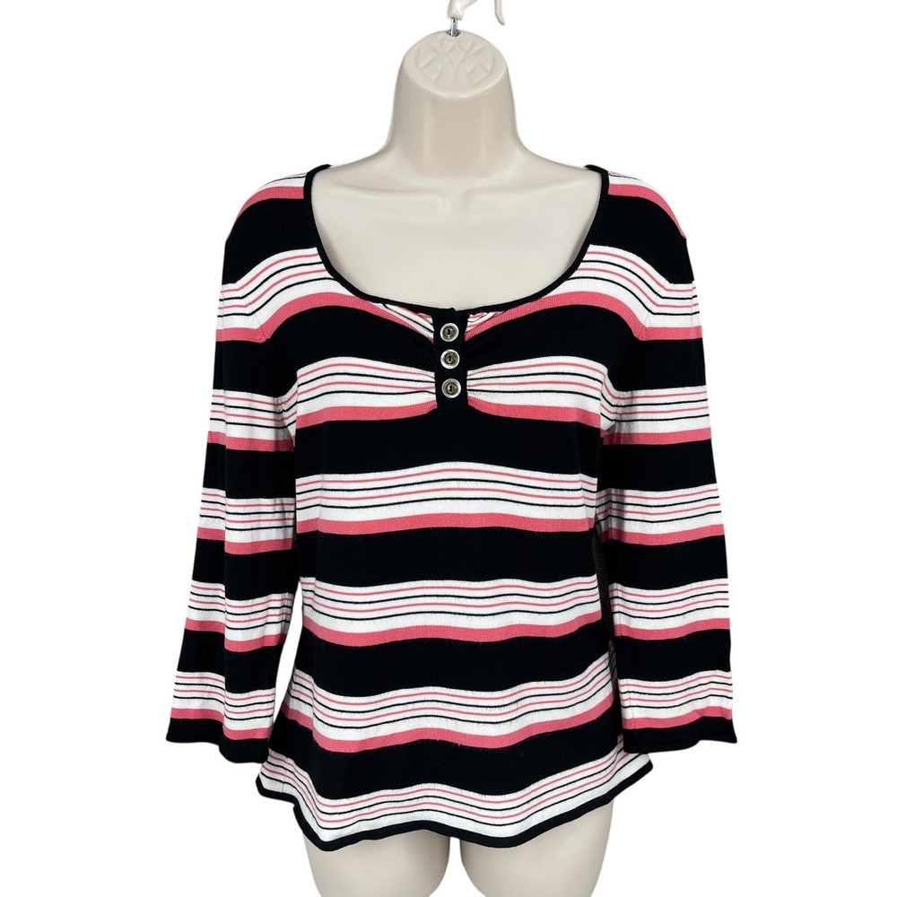 Peck & Peck Weekend Shirt Women Y2K Coquette Henley Stripe Scoop Neck Size L